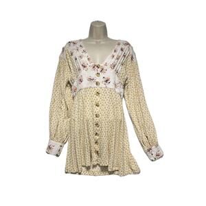 Free People Mini Dress Womens SZ M Floral Button Boho Hippie CottageCore Peasant